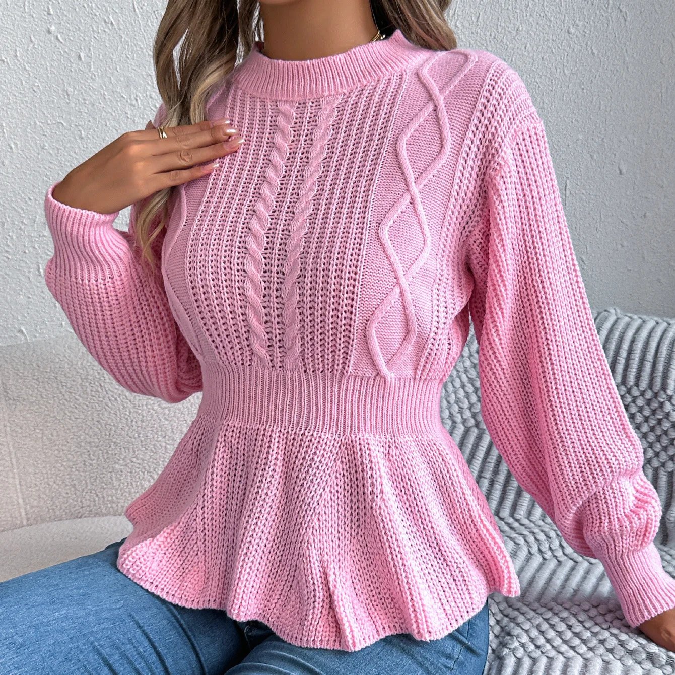 

Autumn and Winter Solid Fried Dough Twists Waist Ruffle Long Sleeve Pullover Sweater for Women