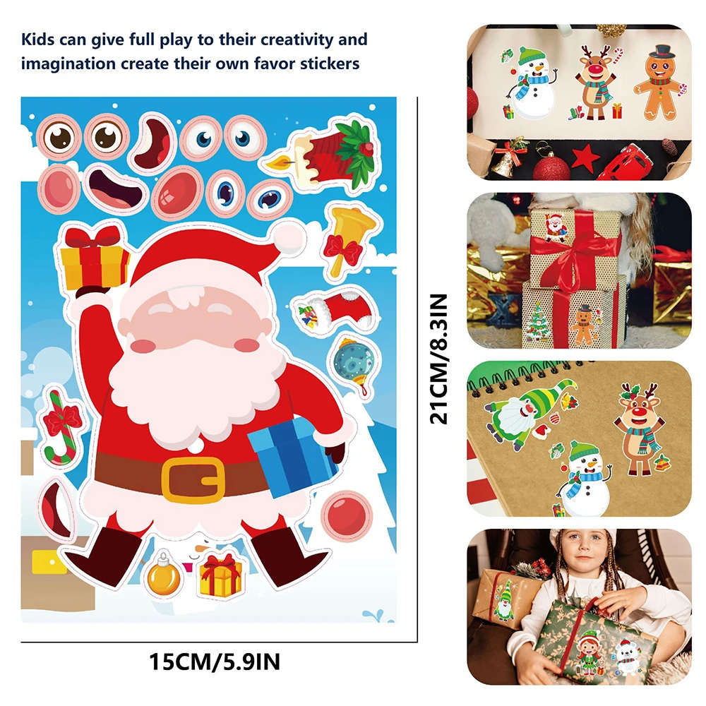 8/16Sheets Make a Face Christmas Puzzle Stickers Santa Claus Elk Funny Assemble Jigsaw Cute DIY Party Decoration Kids Gift Toys #2