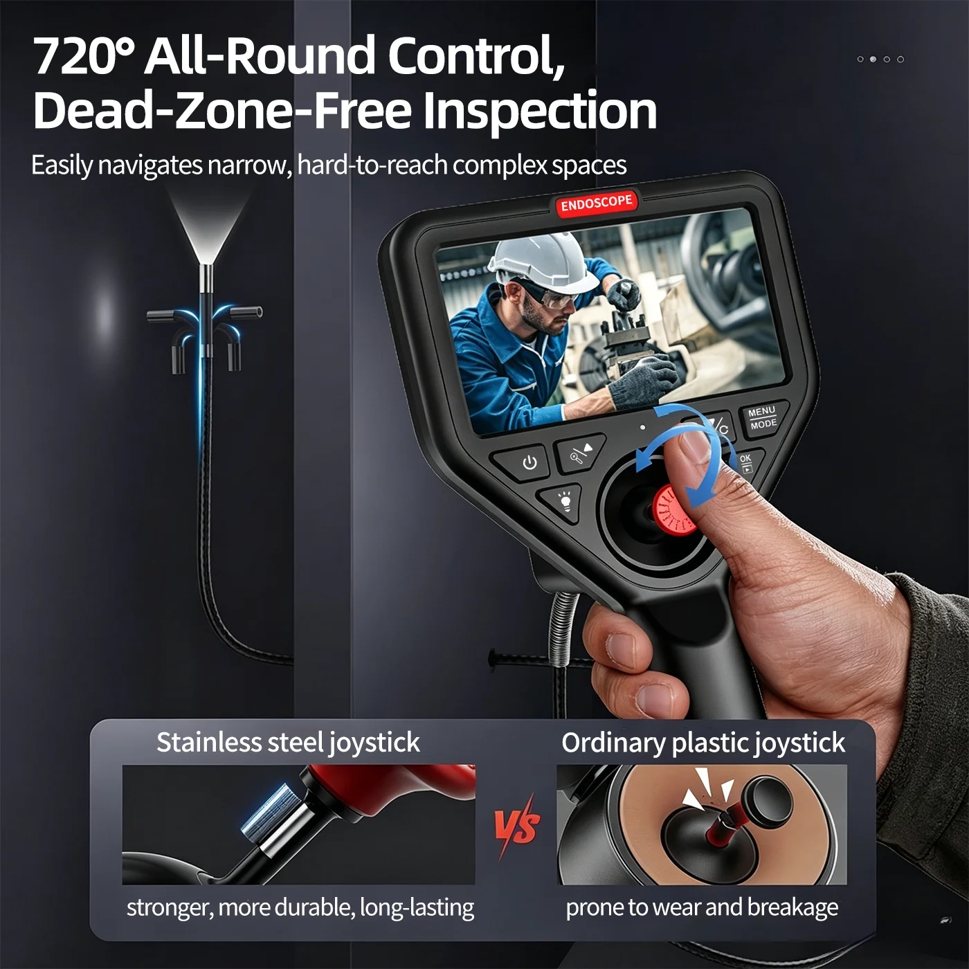 RALCAM 4‑Way Rotatable Detachable Industrial Endoscop HD Camera with Steel Joystick, for Pipeline and Home Inspection