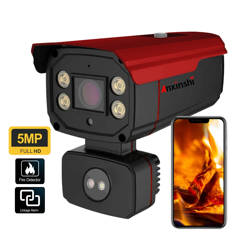 

Anxinshi 5MP Security Surveillance Camera IR AI Fire Flame Detection Network IP Cam Dual Alarm Interface Of Warehouse Forest
