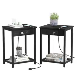 Set of 2 Nightstands with Charging Station - Compact End Tables with USB Ports and Power Outlets for Bedroom and Living Room.