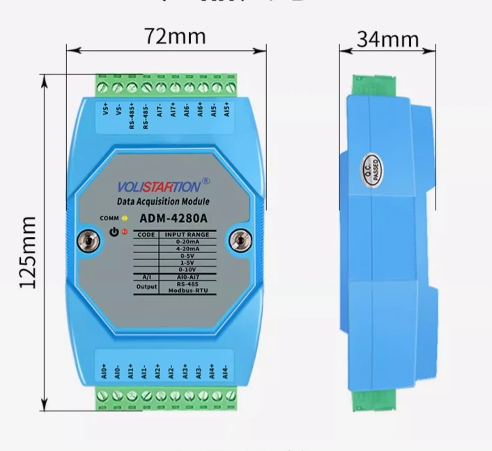 Módulo da aquisição de Modbus, 8 canais, ADM-4280A, 0-5V, 1-5V, 0-10V, 0-10V