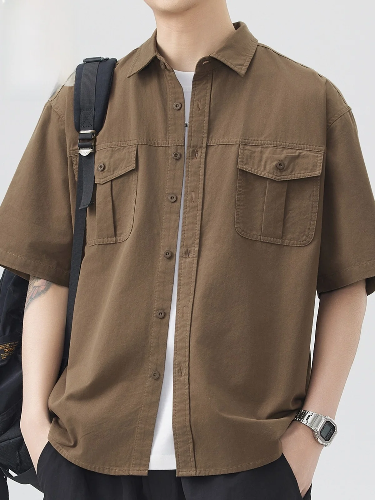 

Pure Cotton Workwear irt Men's Summer 2026 ort Sve Casual Haome Faionable Loose Fit Button down irt