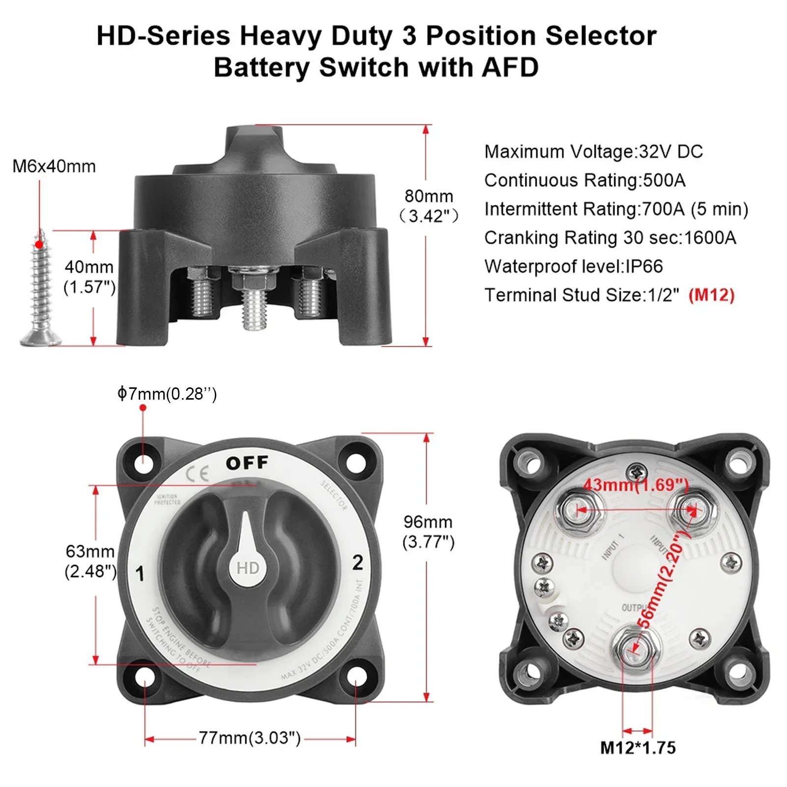 Battery Disconnect Switch 600A IP66 Waterproof Marine Battery Switch ON OFF Battery Isolator for RV Boat