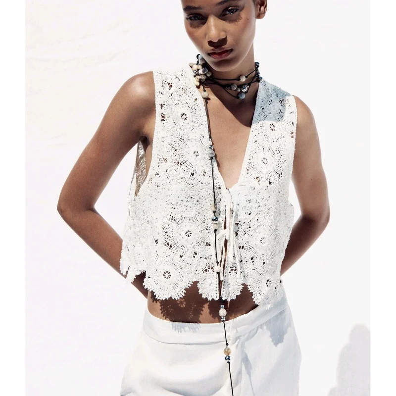 

Summer New Women's Hook Knitted Vest Sle Top V-ne Svel Knot Belted Regular Length Polyester Fiber