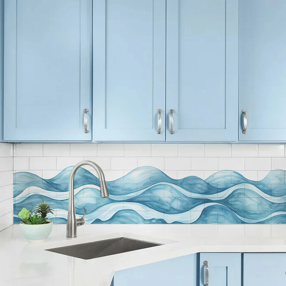 

Ocean Waves Sea Ocean Elements Bathroom Wall Sticker Kitchen Wall Waistline Border Mural Removable Home Decor Peel and Stick