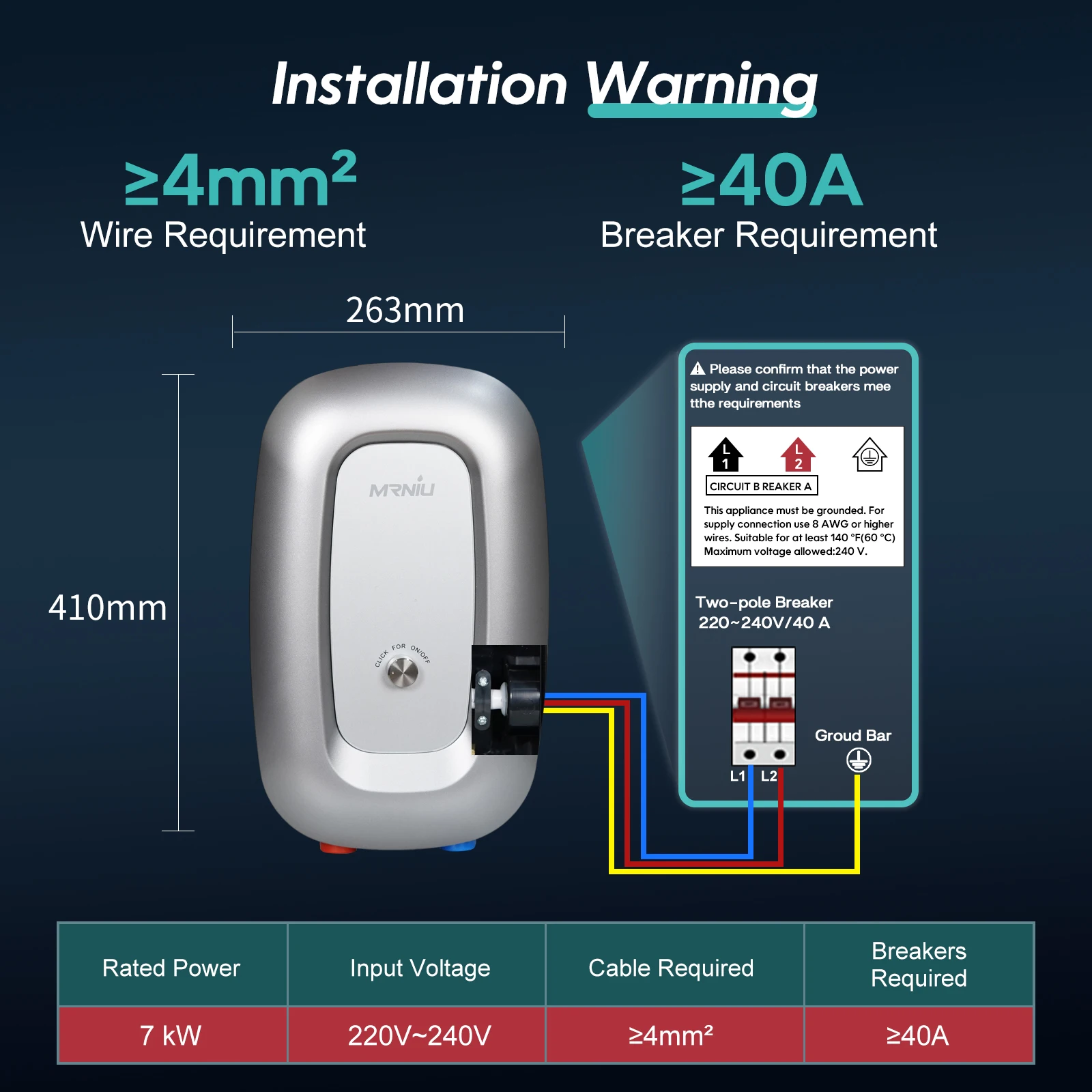 Chauffe-eau électrique instantané sans réservoir douche salle de bain bain chauffe-eau 220V 7000W bouton hôtel ménage appartement famille