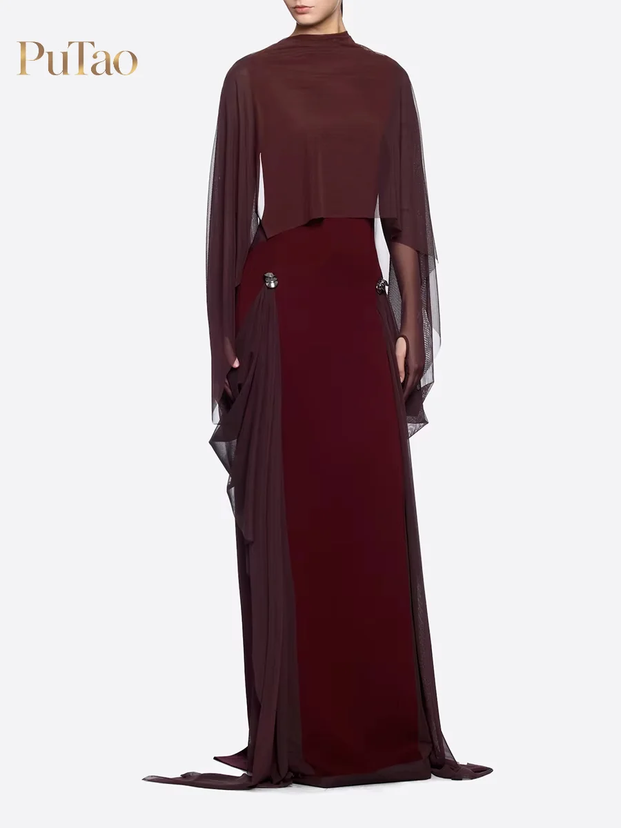 Putao Burgundy Chiffon Cape Maxi Gown Long Sheer Sleeve Draped Formal Dress Women Evening Wedding Cocktail Party Wear