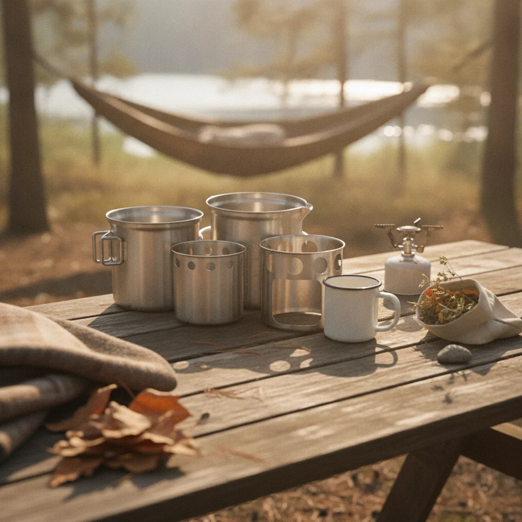 Camping Cooking Pot Set - Edelstahl-Feuerholzheizungsset Zylindrisches Tragbares Feuerholz-Kochset Camping-Holzheizungstopf Silber-Finish