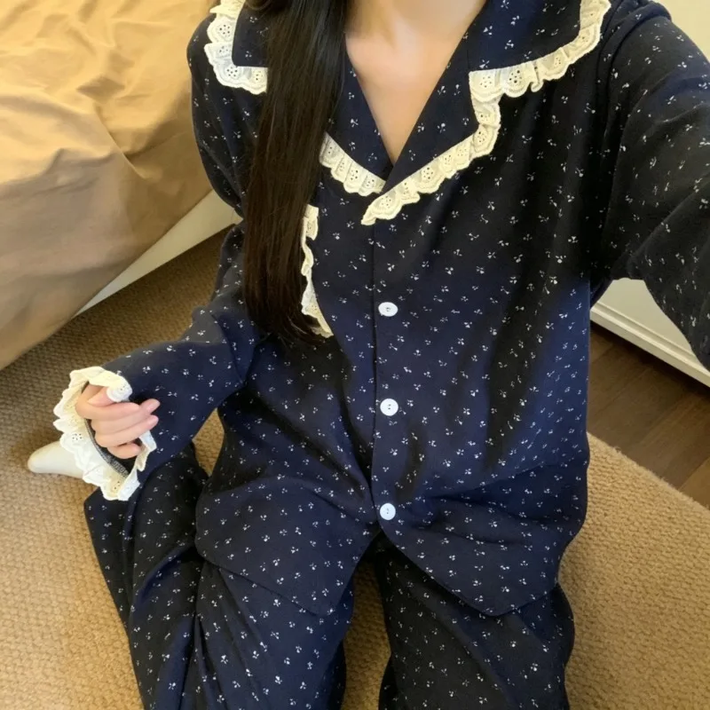 Floral Print Pajama Set Lace Ruffle Autumn Winter New 2026 Loungewear Long Sleeve Button‑Down Ladies Sleepwear Home Clothes