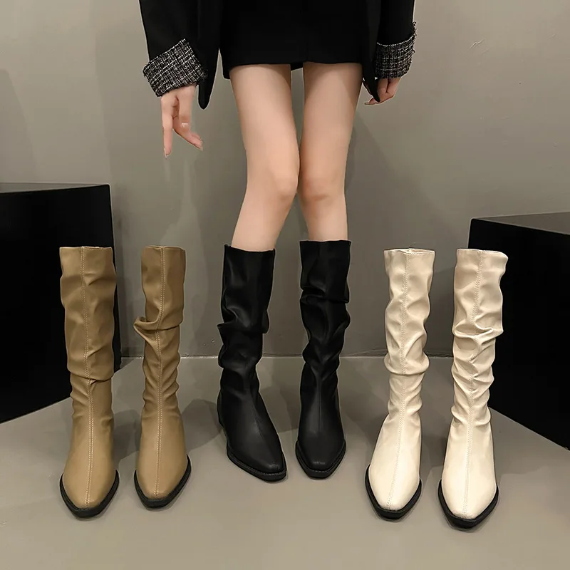 Spring and Autumn New Thick Heel Fold Pile Long Knight Boots Pointed Low Heels Casual Elegant Temperament Sleeve Slim Boots