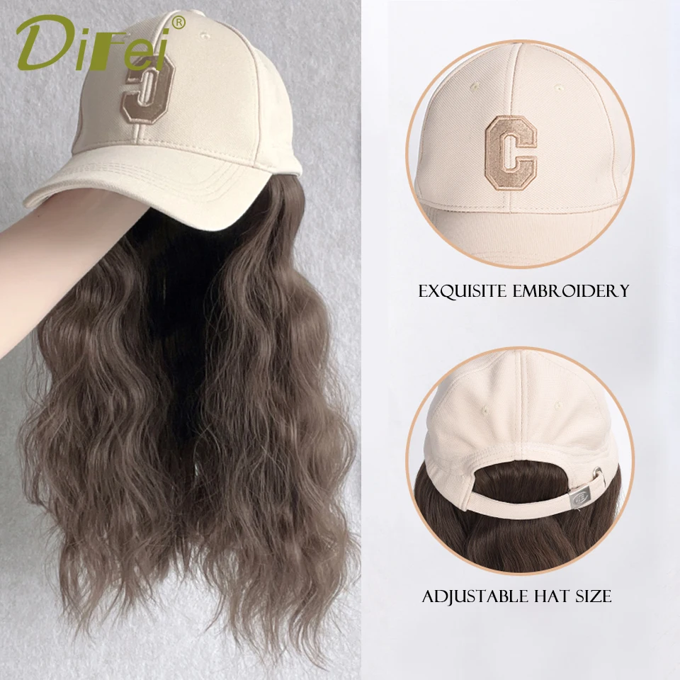 DIFEI-Peluca de cabello sintético para mujer, postizo largo de onda de agua con sombrero de béisbol, ajustable de una pieza, resistente al calor