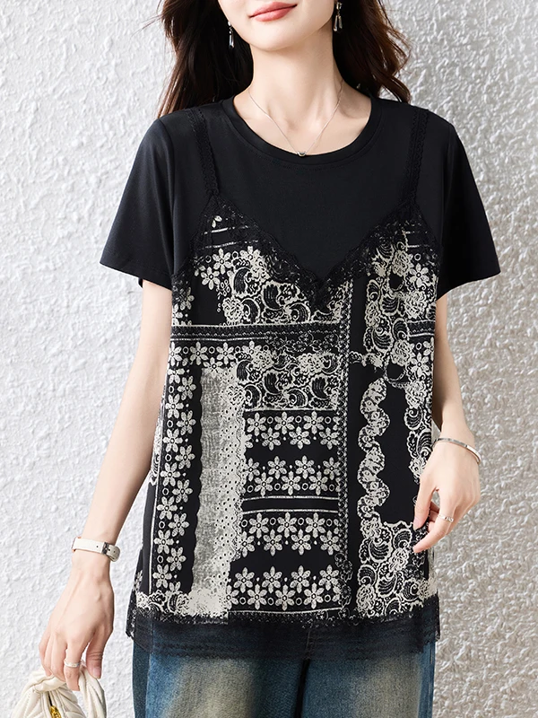 Faionable Vielseitiger Blumendruck ort Sve 2025, Sommer, neues Design Sensation Dr. T-Shirt, klein, rund, Ne