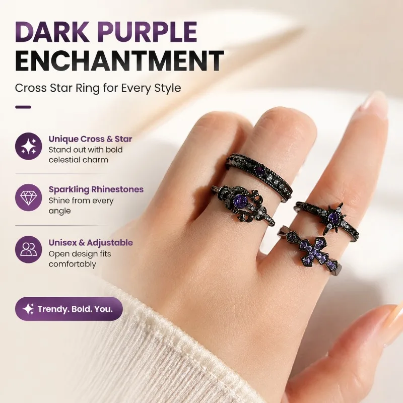Dark Purple Cool Rhinestone Cross Starburst Adjustable Open Ring Unisex Genderless Jewelry Unique Edgy Finger Band Inlaid Violet