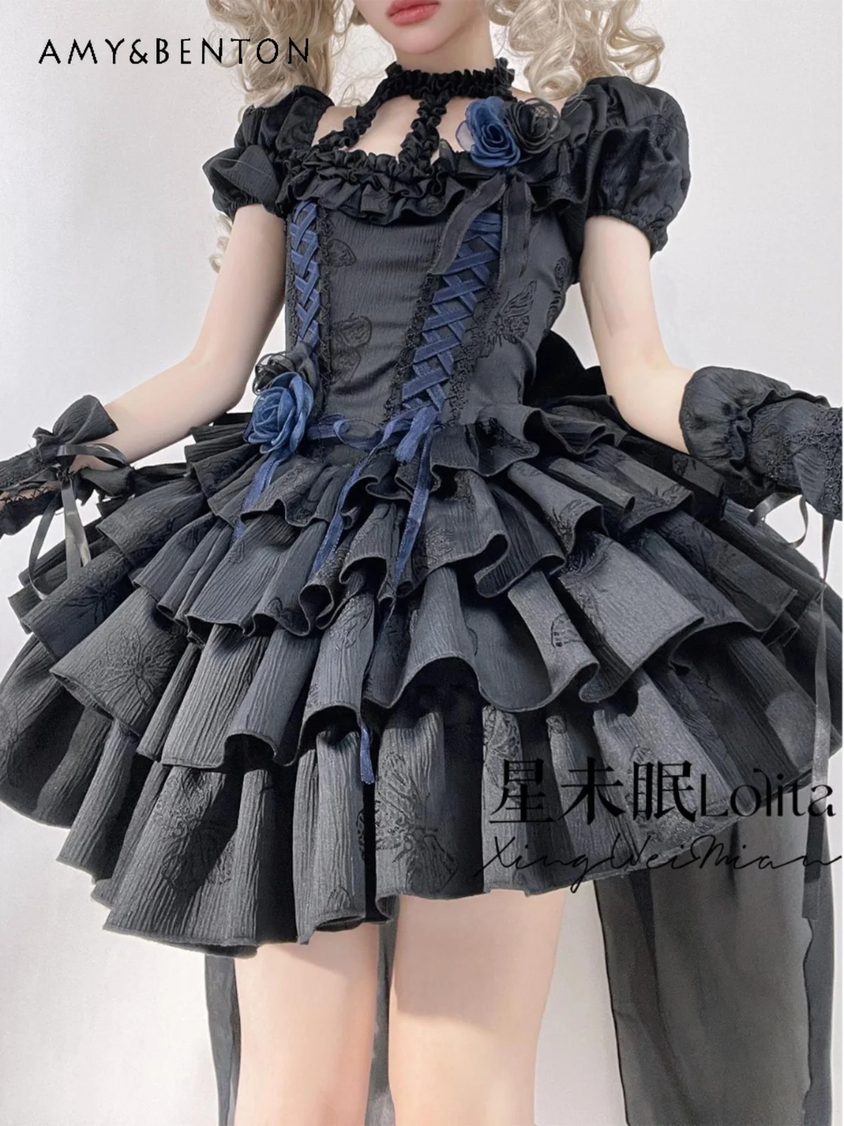 

Temperament Princess Lolita Tutu Dress Vintage Heavy Industry Print Slim Op Fish Bone Multi-layer Dress Women Evening Dresses