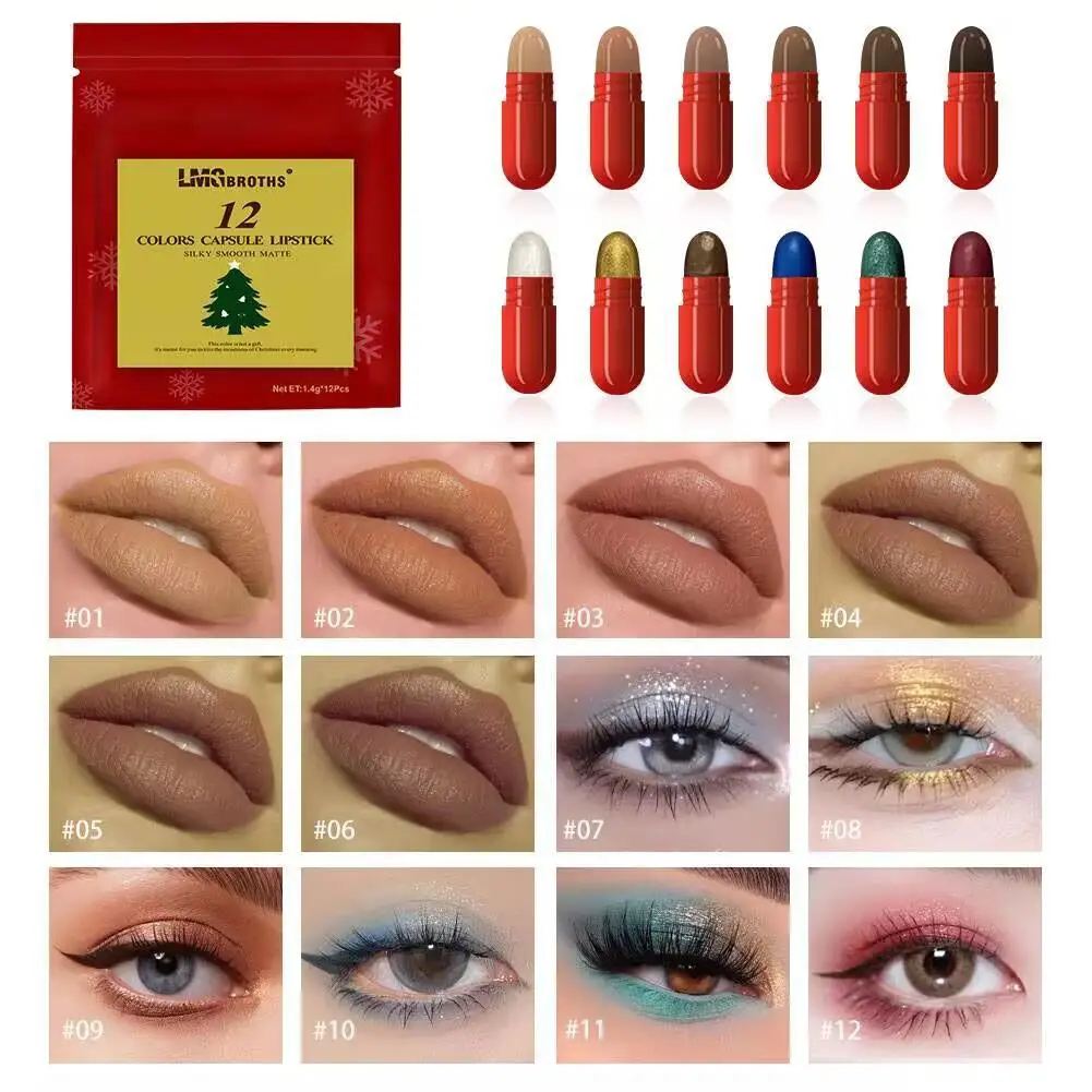 Ensemble de rouges à lèvres capsules chaudes de noël, 12 pièces, ombre à paupières, brume mate, velours, facile à colorer, adapté au maquillage quotidien