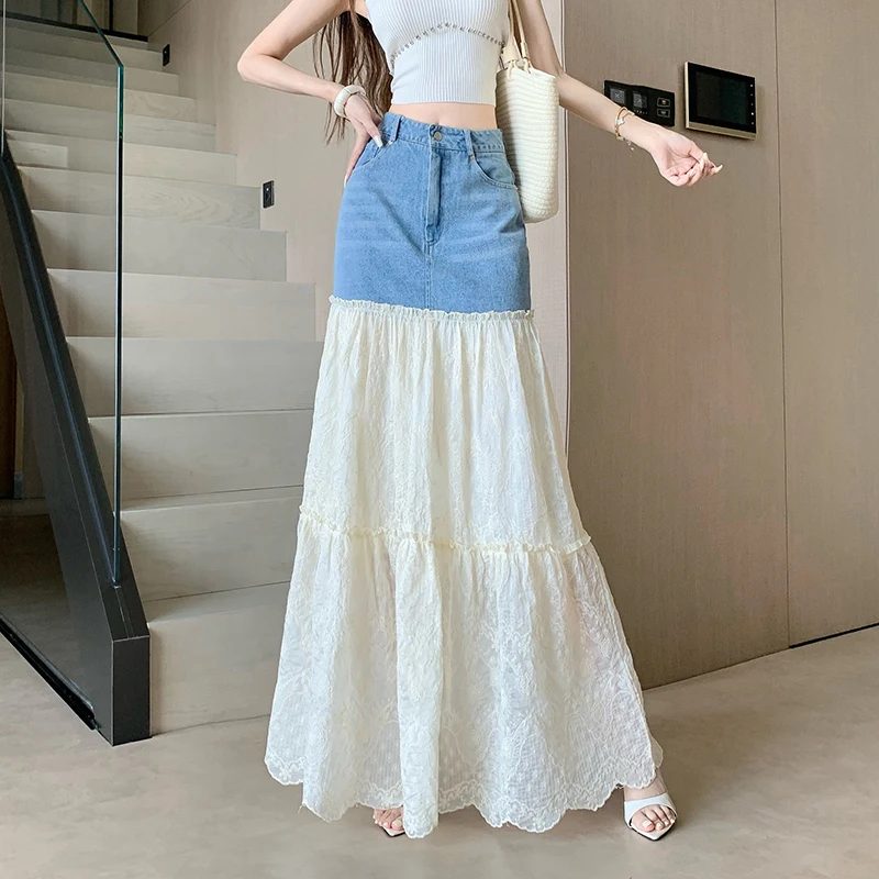 Fashion Lace Jeans Skirts Women High Waist Mermaid Skirt Hook Flower Hollow Out Denim Skirt