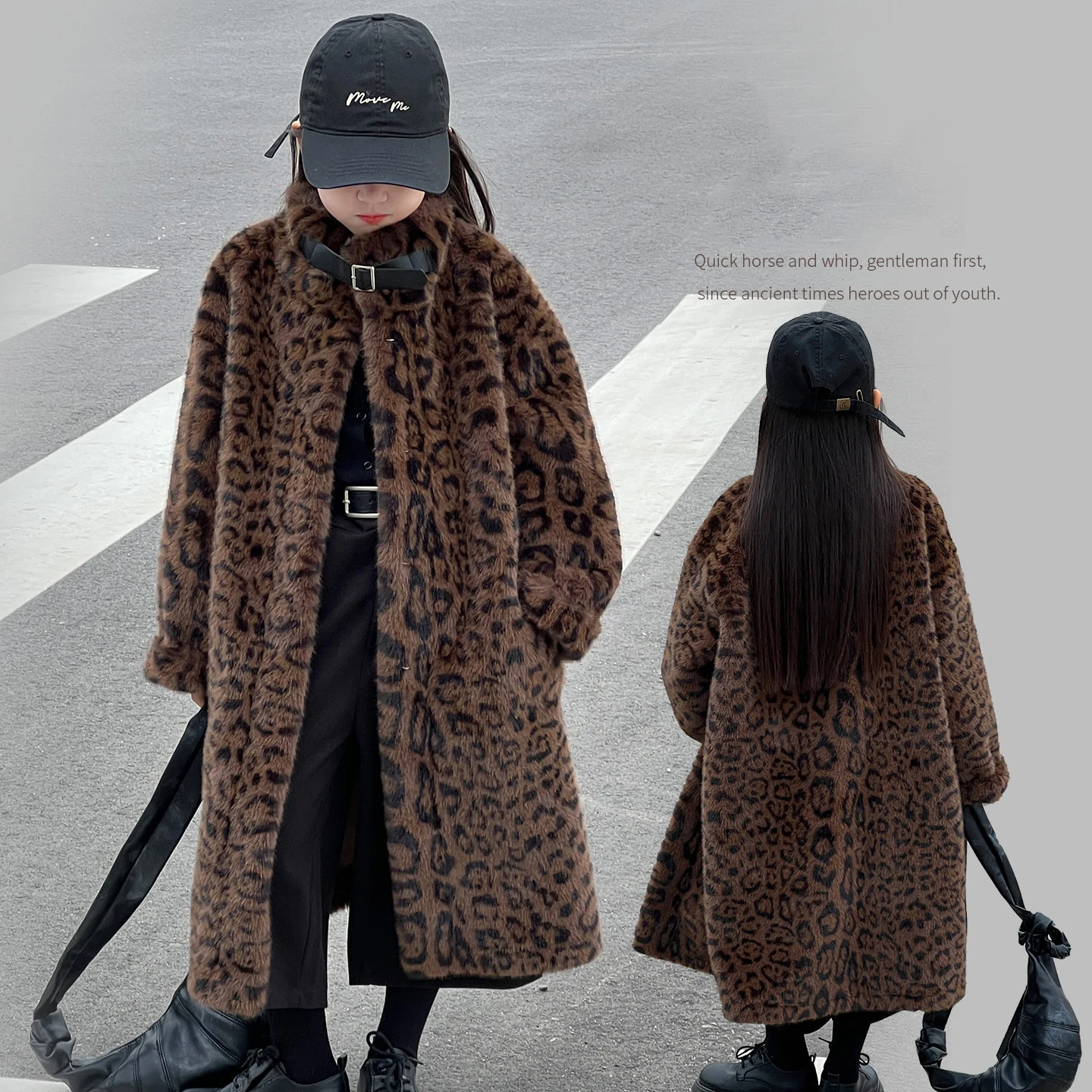 UNITIM Winter Kids Girls Leopard Faux Fur Coat Teens Long Stand Collar Thicken Eco‑Friendly Furry Outerwear Children Woolen Coat