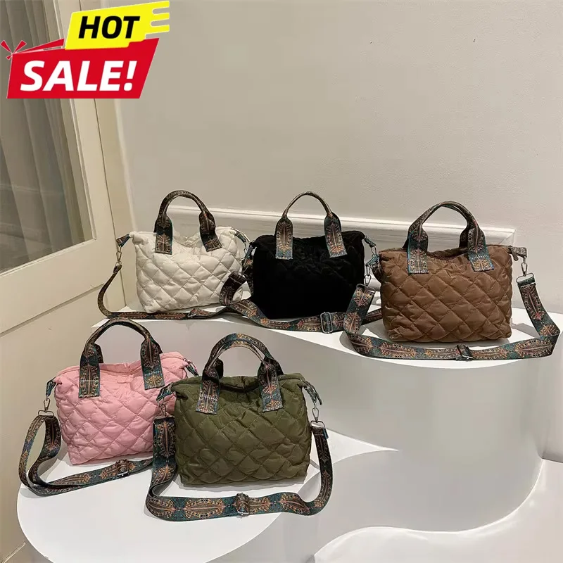 Women Wide Shoulder Belt Handbag Fall/Winter Rhombus Space Cotton Shoulder Bag Large Capacity All-Match Shopping Tote Bags