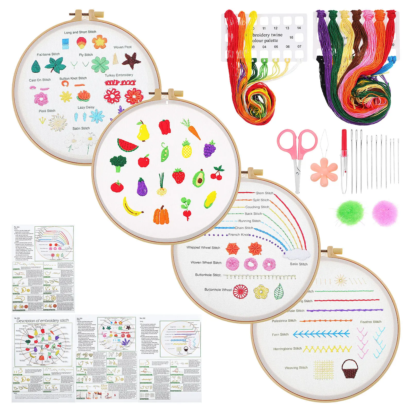 初心者向け刺繍キット1セット。6色の刺繍糸、綿生地、刺繍枠、 - Embroidery Guide Book のレビューと価格