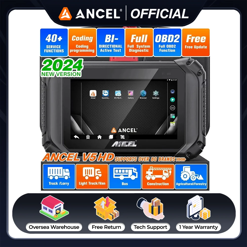 

Диагностические Приборы ANCEL V5 HD для дизельных грузовиков, сканер для тяжелых грузовиков, все системы, 40 сбросов, инструменты для сканирования для Cummins/Детройта/гусеницы