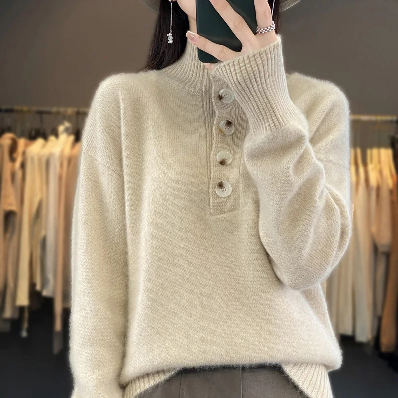 

100% Pure Wool Cashmere Sweater Women's High Collar Pullover Casual Knit Top Autumn Winter Women's Jacket Korean Fashion