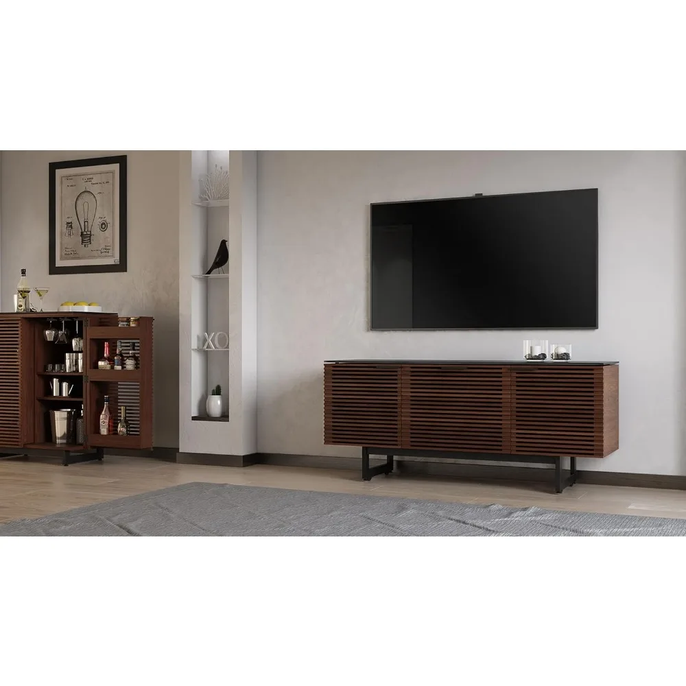 TV cabinet for TVs up to 70 inches, storage drawers, remote-friendly shutter doors, satin-etched glass countertops