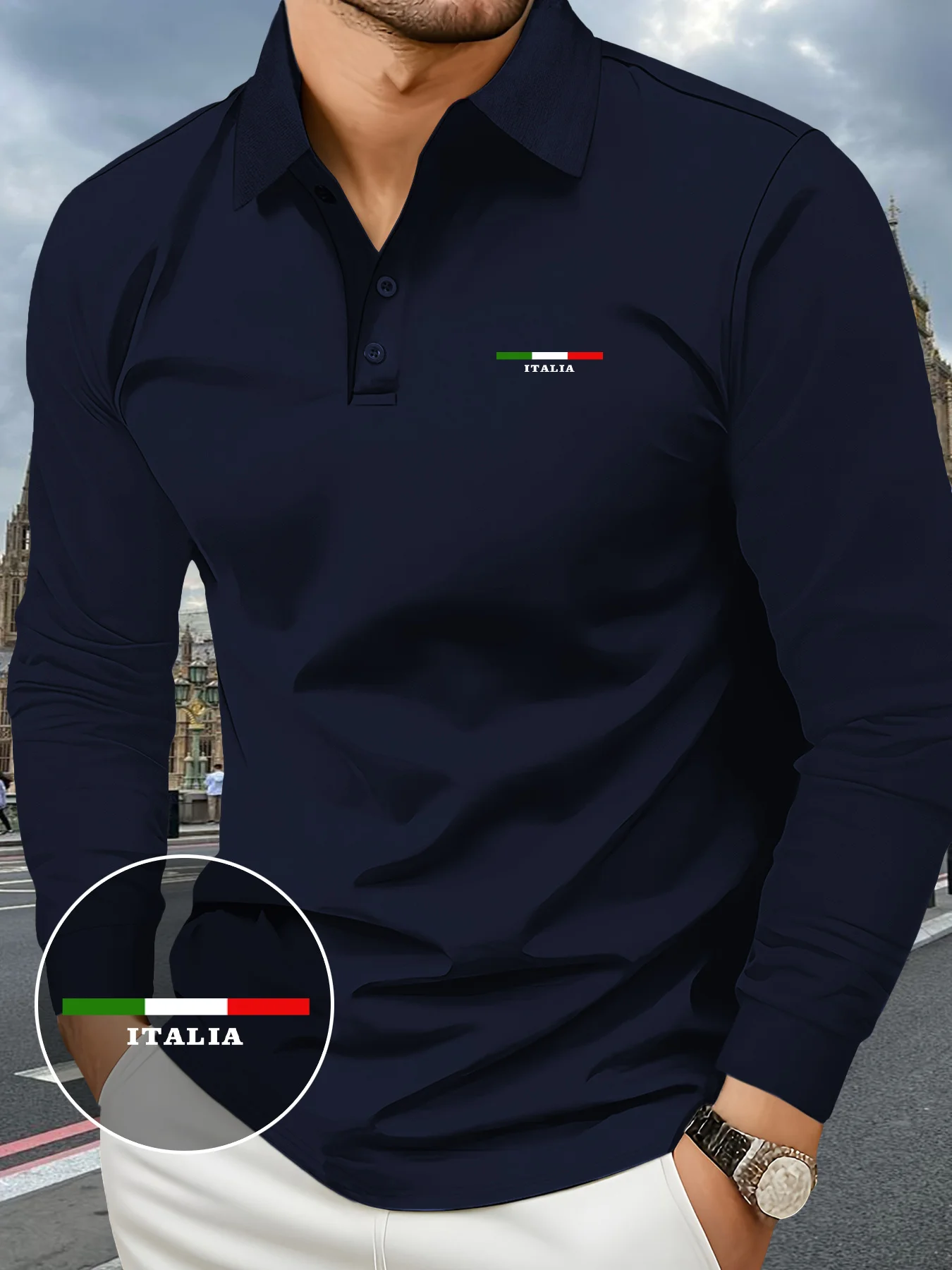 Spring/Summer New Style Men's Long-Sleeved Polo with Italian Print - Casual Fashion for Streetwear