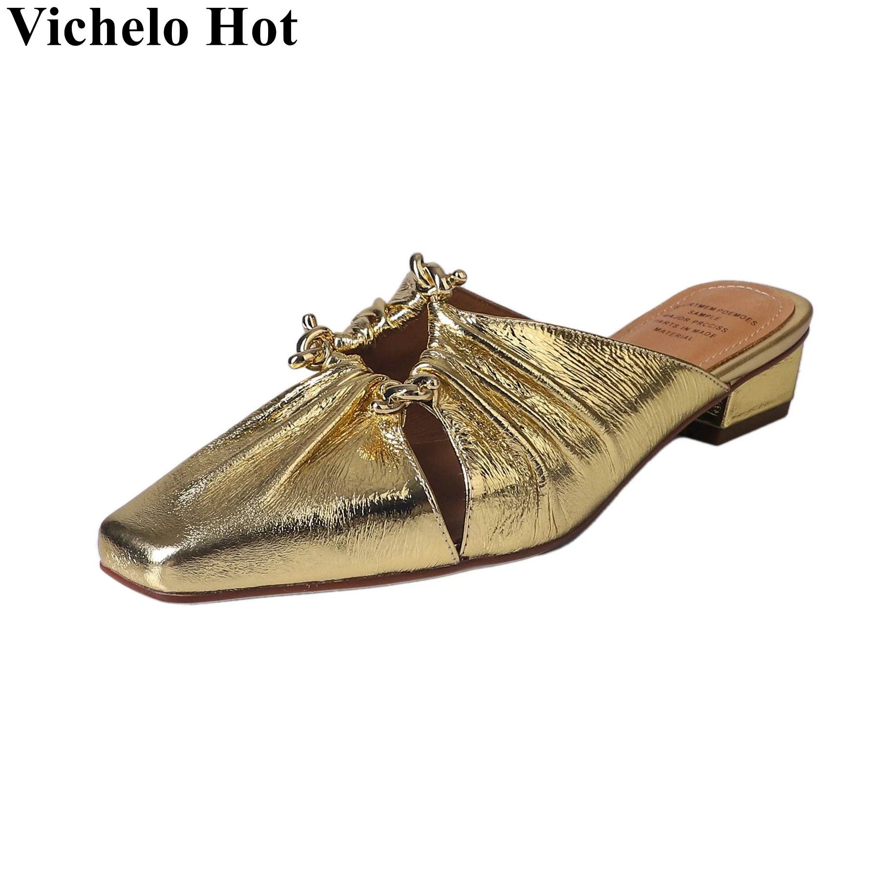 

Vichelo Hot Plus Size Cow Leather Square Toe Summer Shoes Concise Slippers Party Classics Sexy Dress Brand Modern Women Sandals