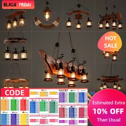 American Retro Industrial Style Chandelier Glass Solid Wood Iron Restaurant Bar Coffee Shop Boat Wood Decoration Pendent Lamp