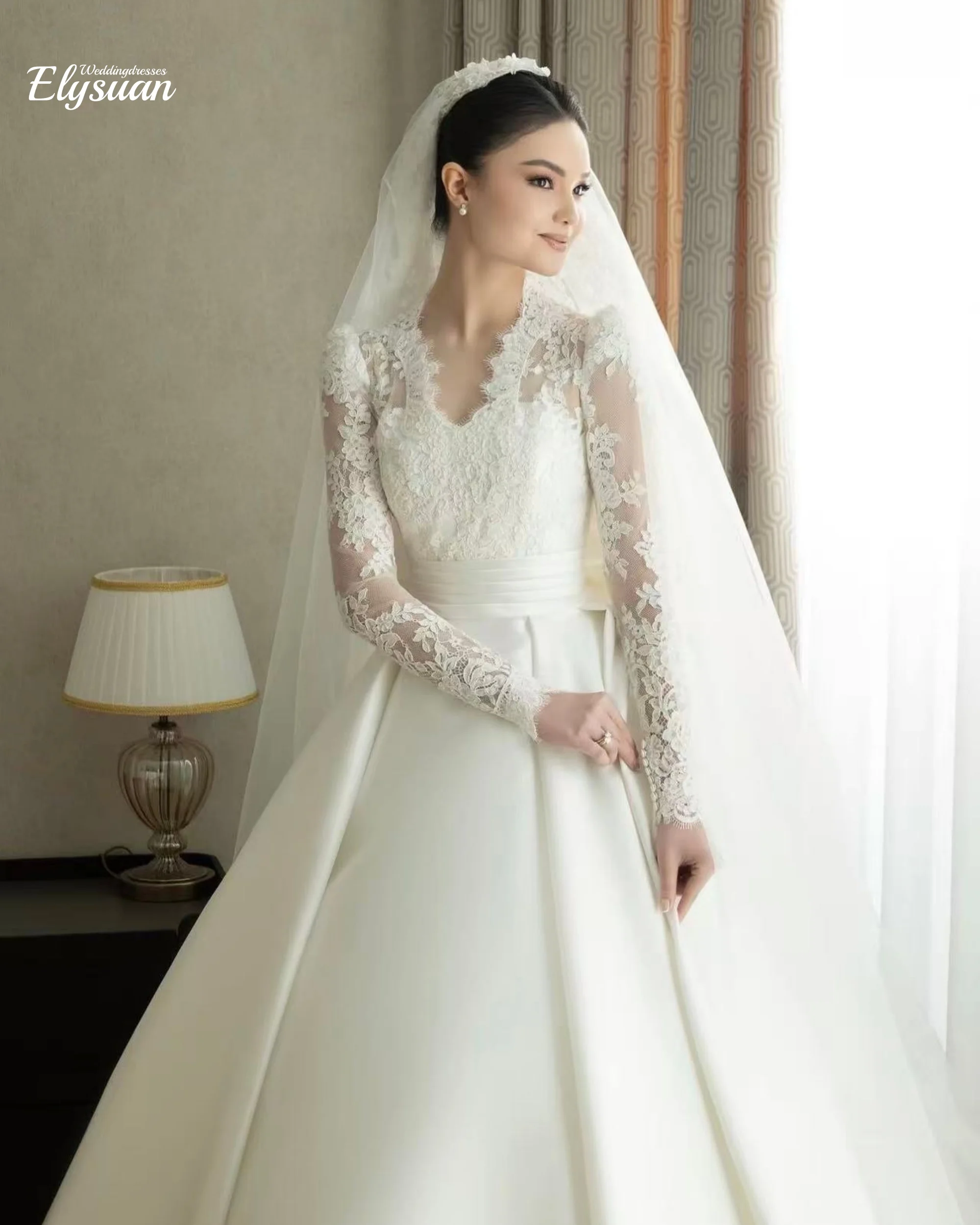 Customized Ball Gown With Lace Wedding Dress V Neck Women's Bridal Gown Stunning Satin Illusion Long Sleeves