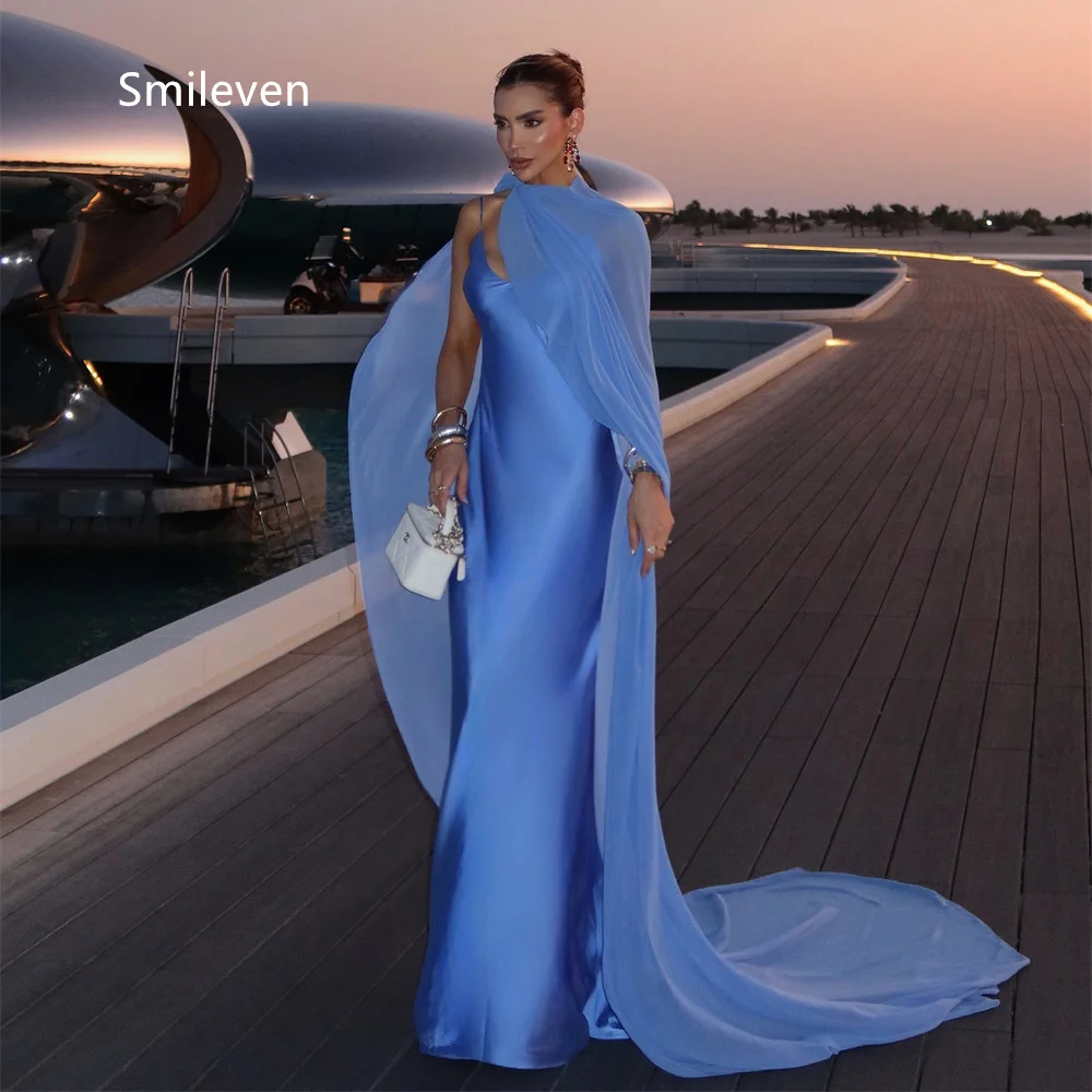 Smileven Sky Blue Mermaid Prom Dresses V‑Neck Backless Spaghetti Strap Cape Evening Dress Court Train Gowns Customized