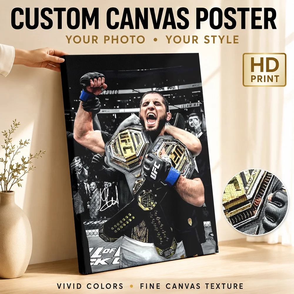 Islam Makhachev MMA Champion Gallery Wrapped Canvas Print Customized Photo, Color Athlete Detail Wall Art For Fitness Studio
