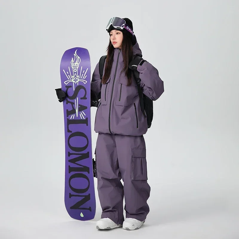 

New Winter Women's Outdoor Skiing Suit Windproof Waterproof Hooded Zipper Snow Suit Men's Warm Breathable Solid Color Sports Set