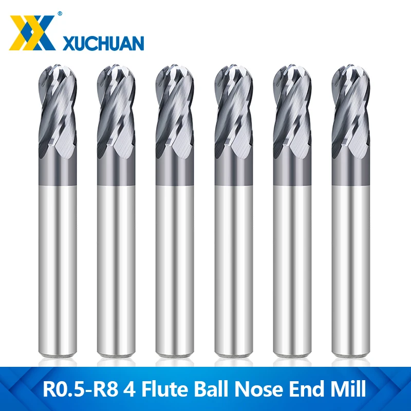 

XUCHUAN 4 Flute Ball Nose End Mill HRC50 High Hardness Carbide CNC Machine Milling Tool R0.5-R8 Spiral Milling Cutter for Steel