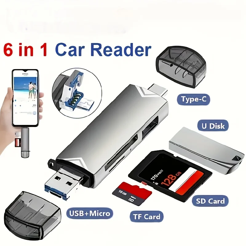 

6-in-1 Plug-and-Play USB Card Reader with USB, Micro USB, USB-C ports. For phones and computers. Supports OTG