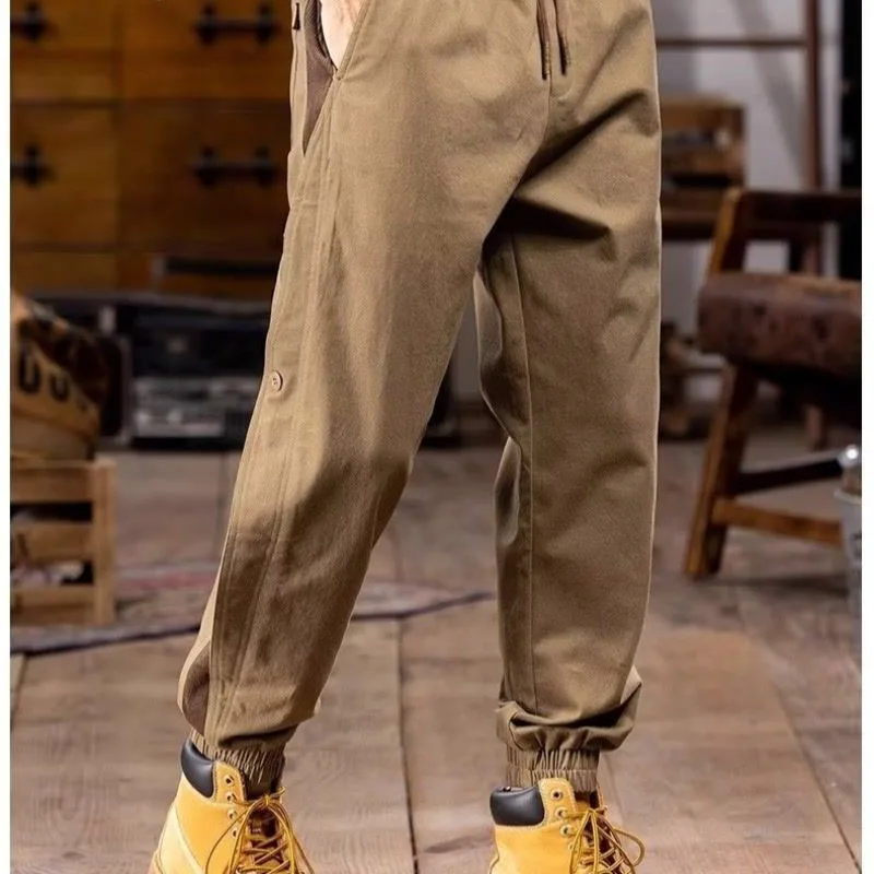 New Autumn Fashion Fashion Brand Personalized Splicing Workwear Tie Feet Haren Loose Versatile Handsome Men's Casual Pants