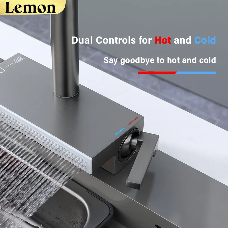 Kitchen pull-out stainless steel faucet, pull-out design, multi-functional pressurized spout, hot and cold dual control