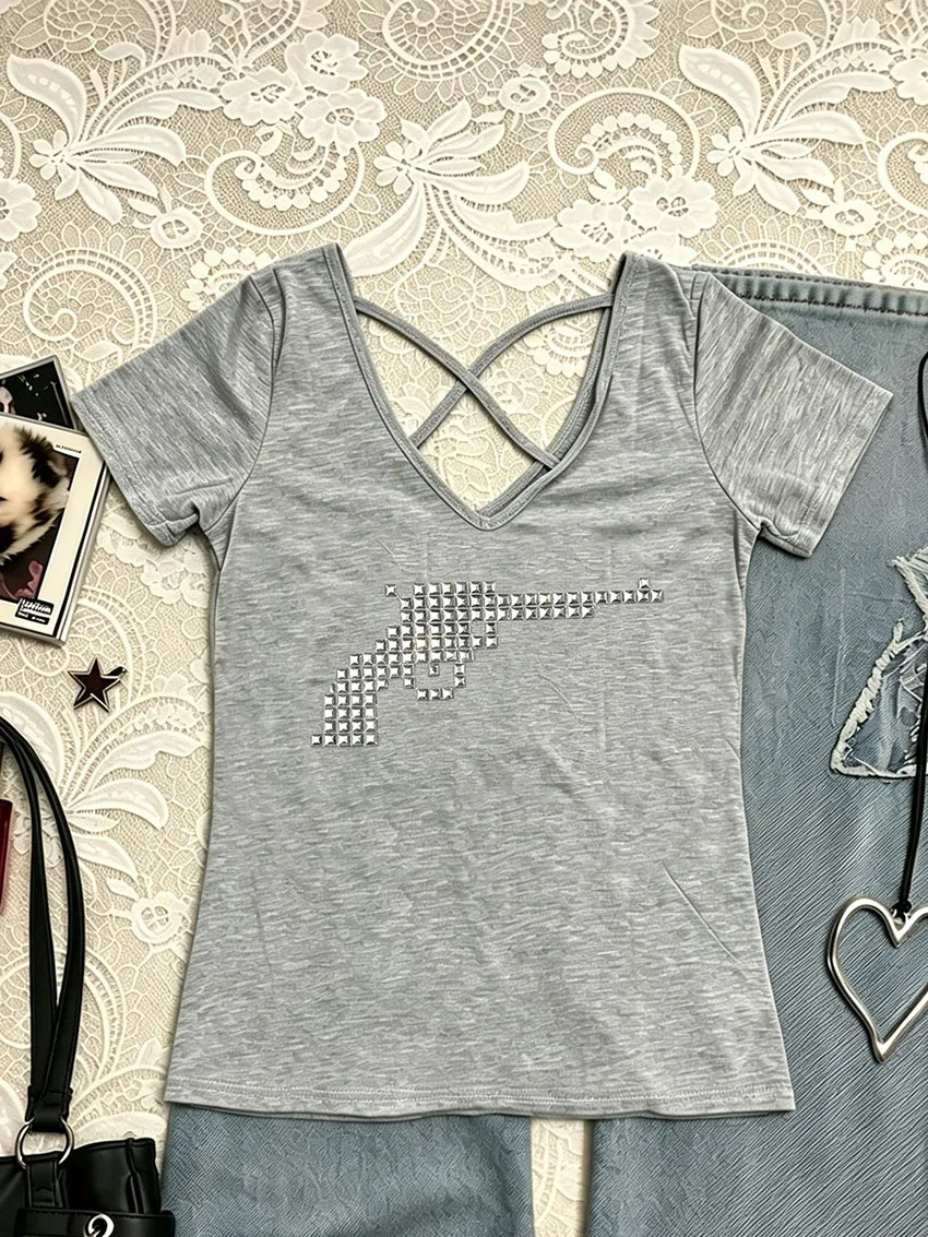 Punk Studded Cross Pattern Lady T-Shirt Deep V Neck Back Criss Cross Strap Short Sleeve Slim Y2K Grunge Fashion Daily Casual Tee