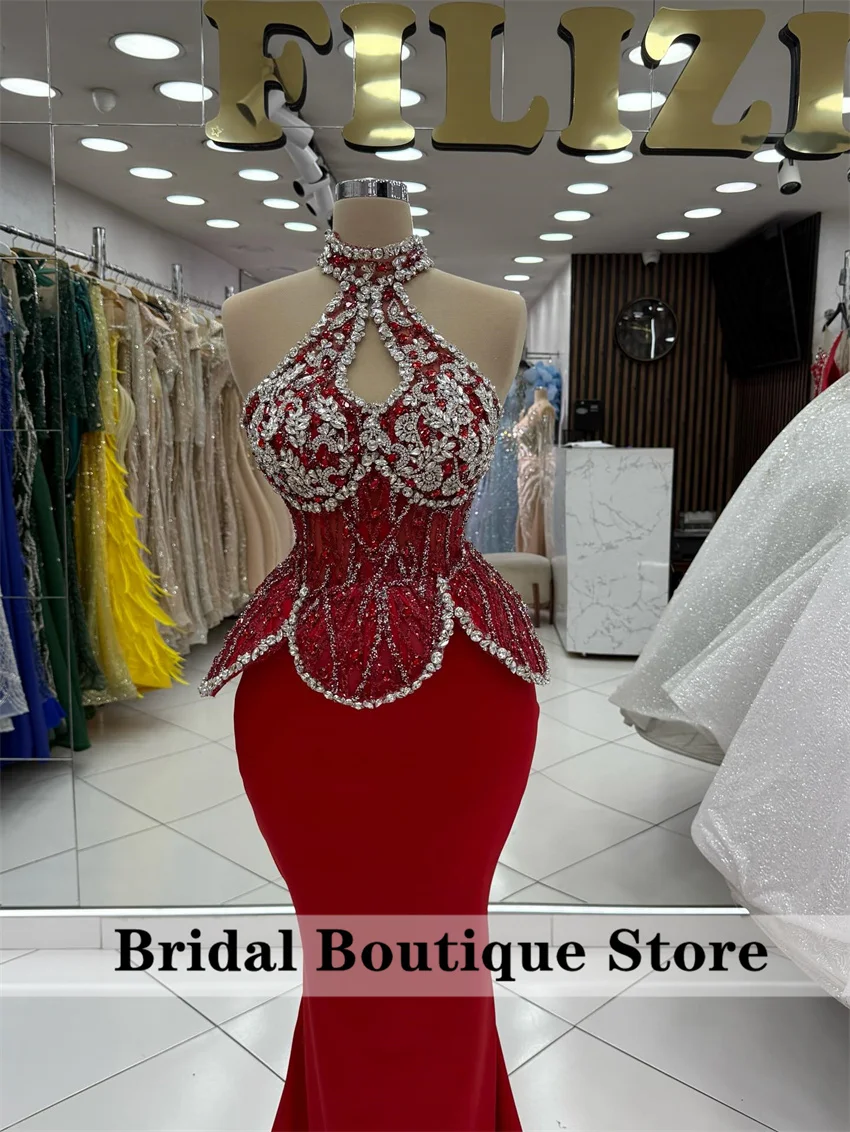 

Red Halter Evening Dress Robe De Soiree Customized Shinny Beading Diamonds Crystals Wedding Party Gown Formal Prom Gown