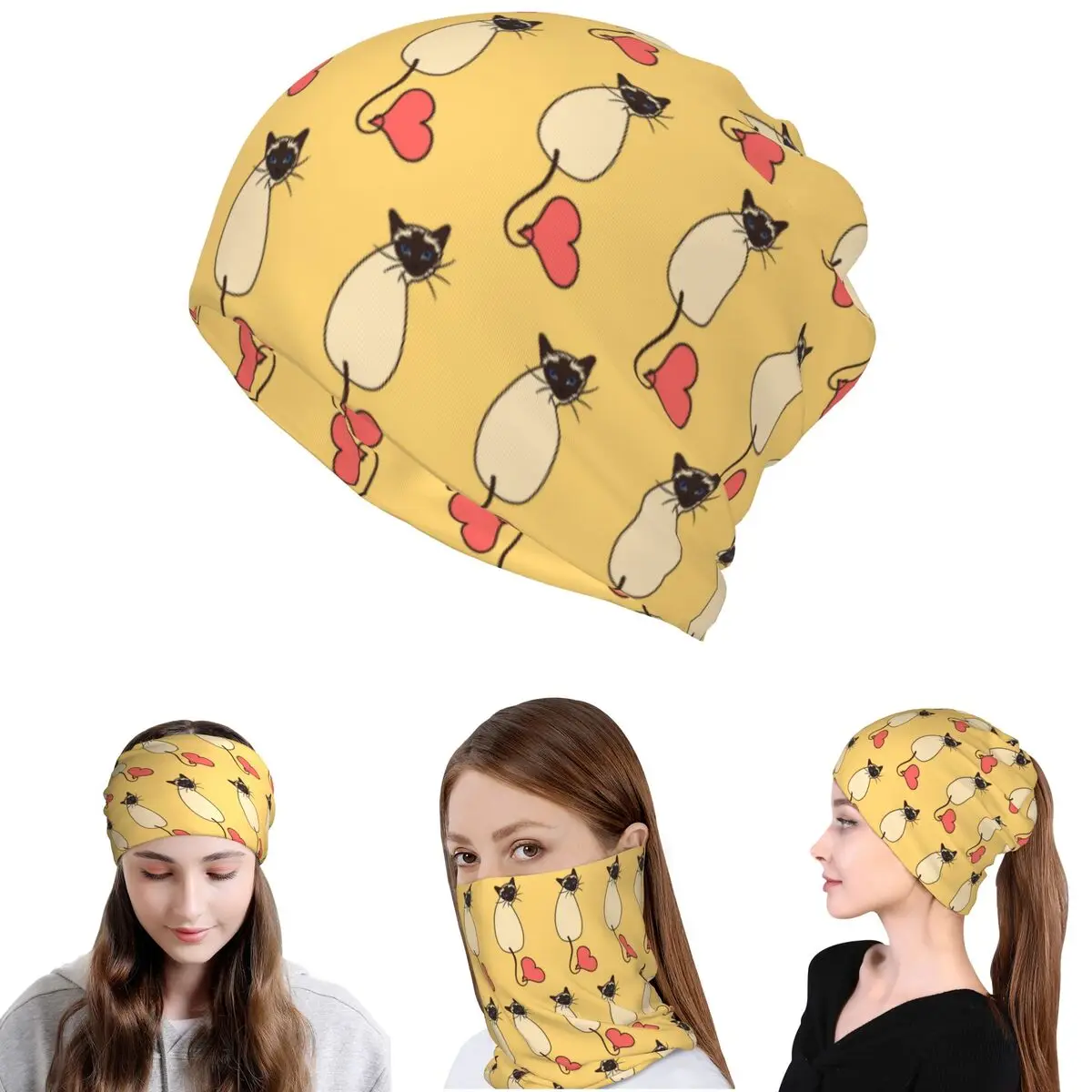 Love Siamese Cat-Yellow Bandana Neck Gaiter Magic Scarf Warm Cycling Scarf Beanies Hat Unisex Adult Breathable