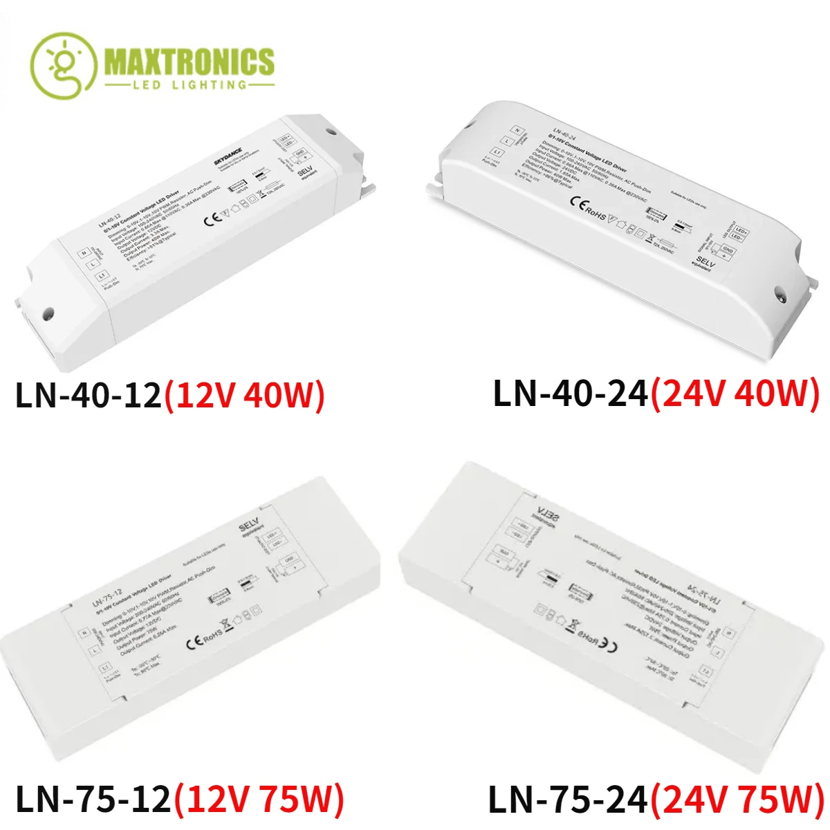 SKYDANCE 1/0-10V Dimmable LED Driver Constant Voltage 40W/75W 12V/24V PWM AC Push-Dim Power Suppl for Single Color LED Strip