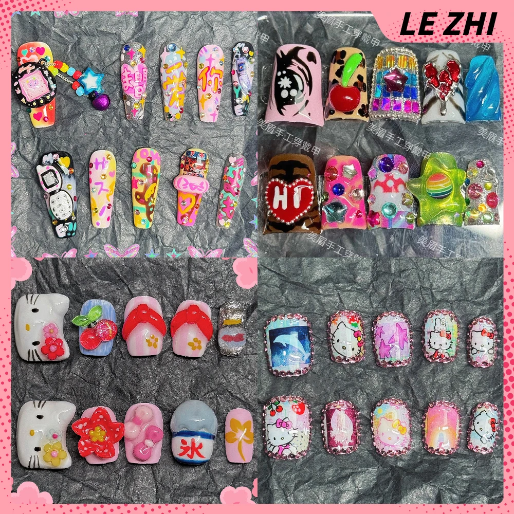 

Y2K Sanrio Hello Kitty Handmade Wearable Press On Nails Colorful Diamond Flowers Rivets Four-Leaf Clover Nail Party Stickers