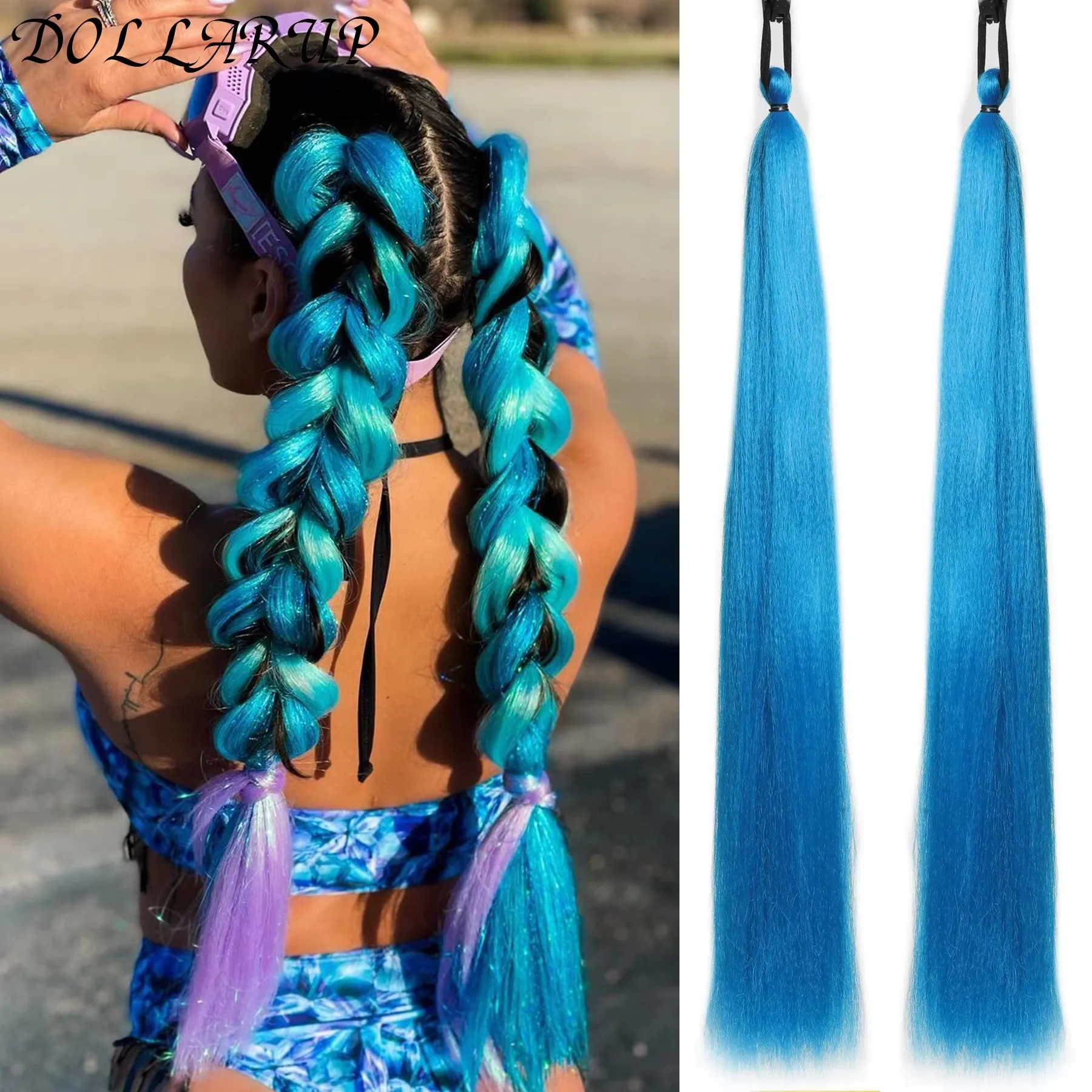 

JKL 2 шт., синтетическая цветная коса, наращивание хвоста с эластичной завязкой, красный, зеленый, синий, розовый, прямые волосы, обертывание вокруг косы, хвост