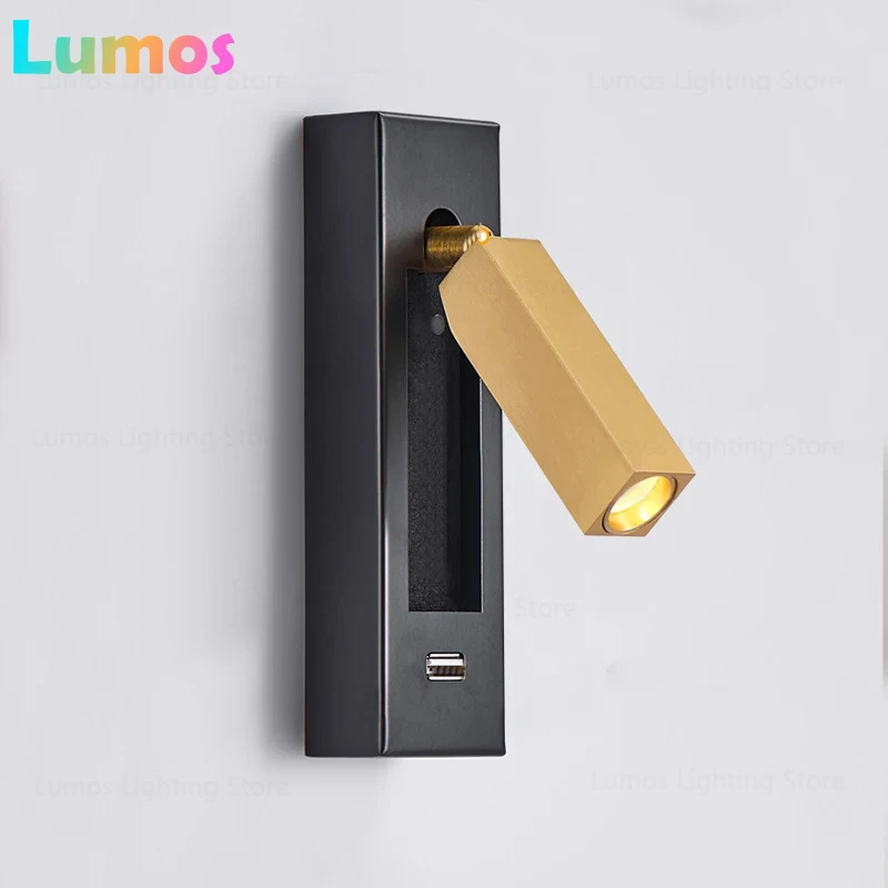 PD New Led Sconce Switch Black Brass Creative USB Port Reading Wall Lamp With 3W Spotlight For Bedroom Bedside