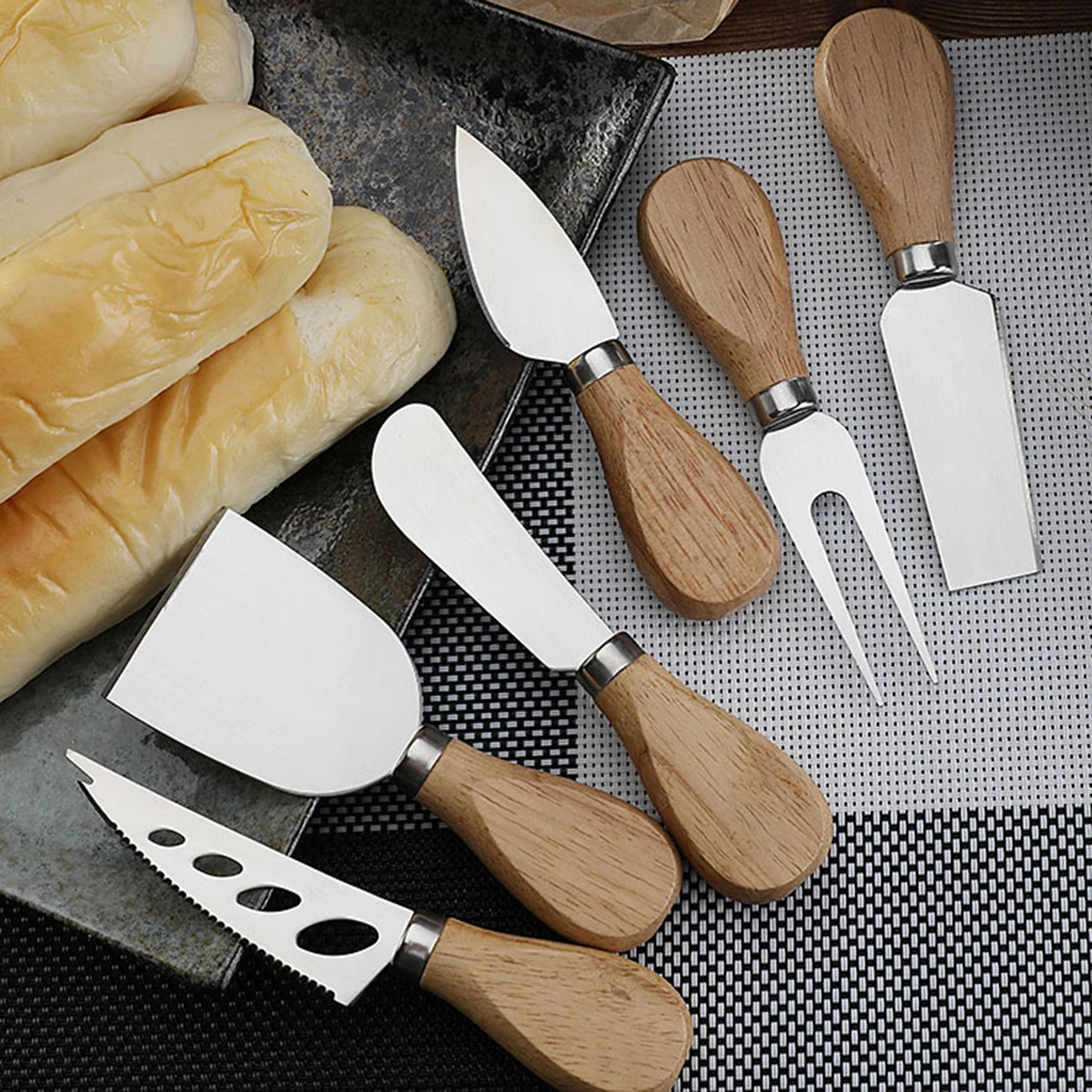 6-Piece Wooden Handle Stainless Steel Cheese Knife, Cheese Knife, Butter Knife, Pizza Knife, Cheese Fork, Butter and Cream