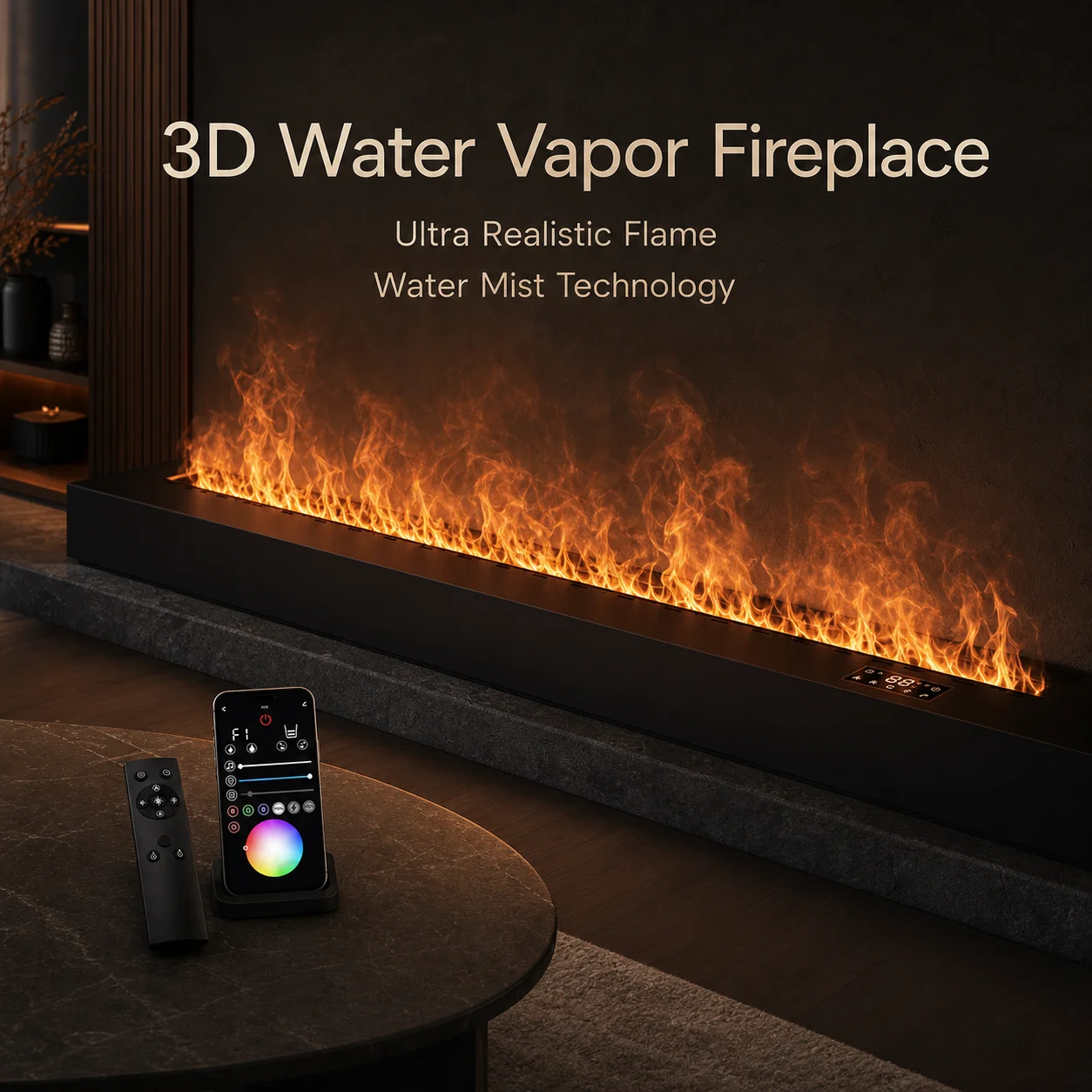 Adjustable RGB Vapor Fire Feature Smart Electric Fireplace with Remote-Controlled Mist Flame for Contemporary Home Decor