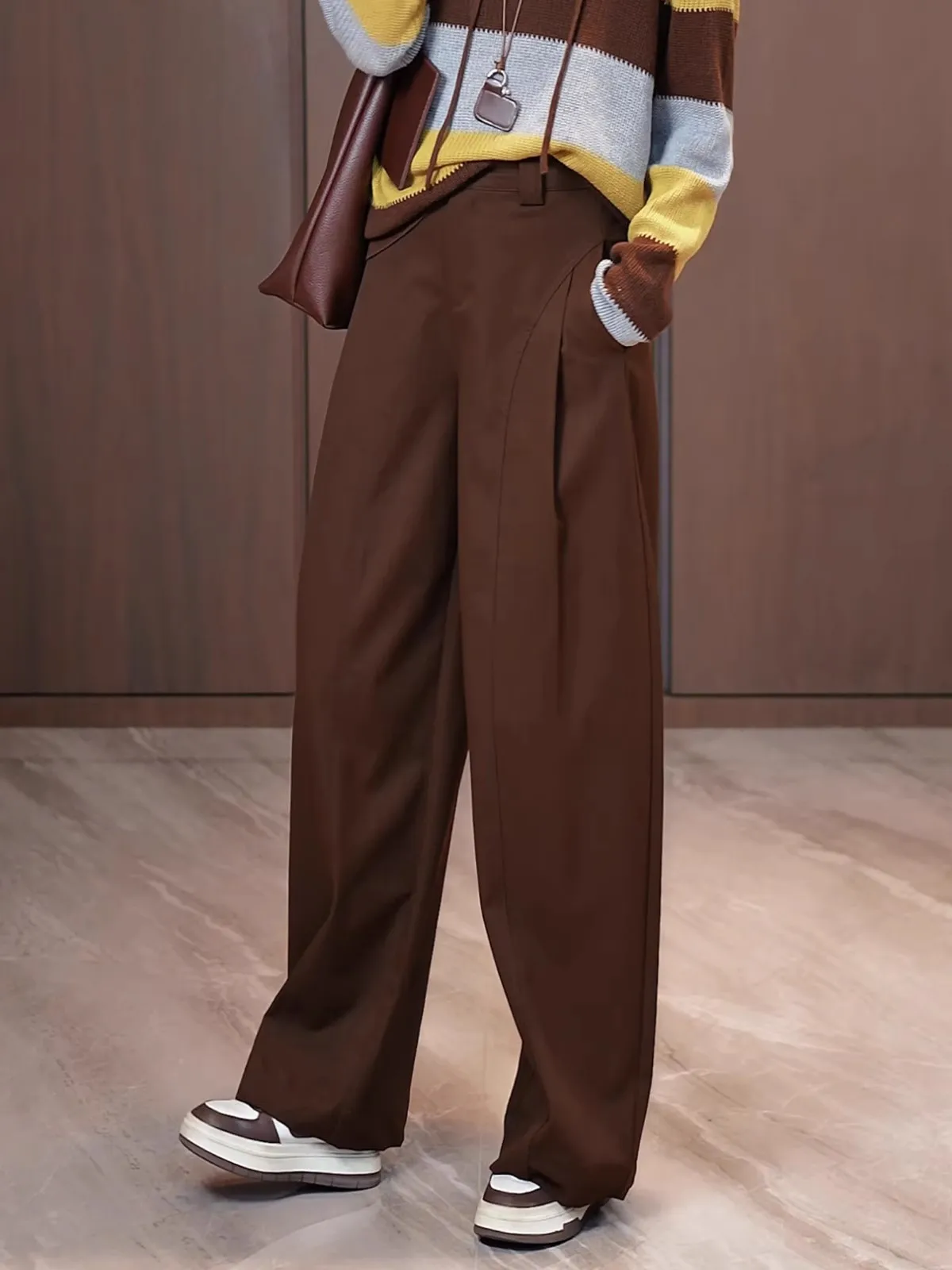 ブラウンワイドレッグスーツパンツハイウエストレディースファッショナブルスリムカジュアルストレートレッグパンツ2025年秋新作