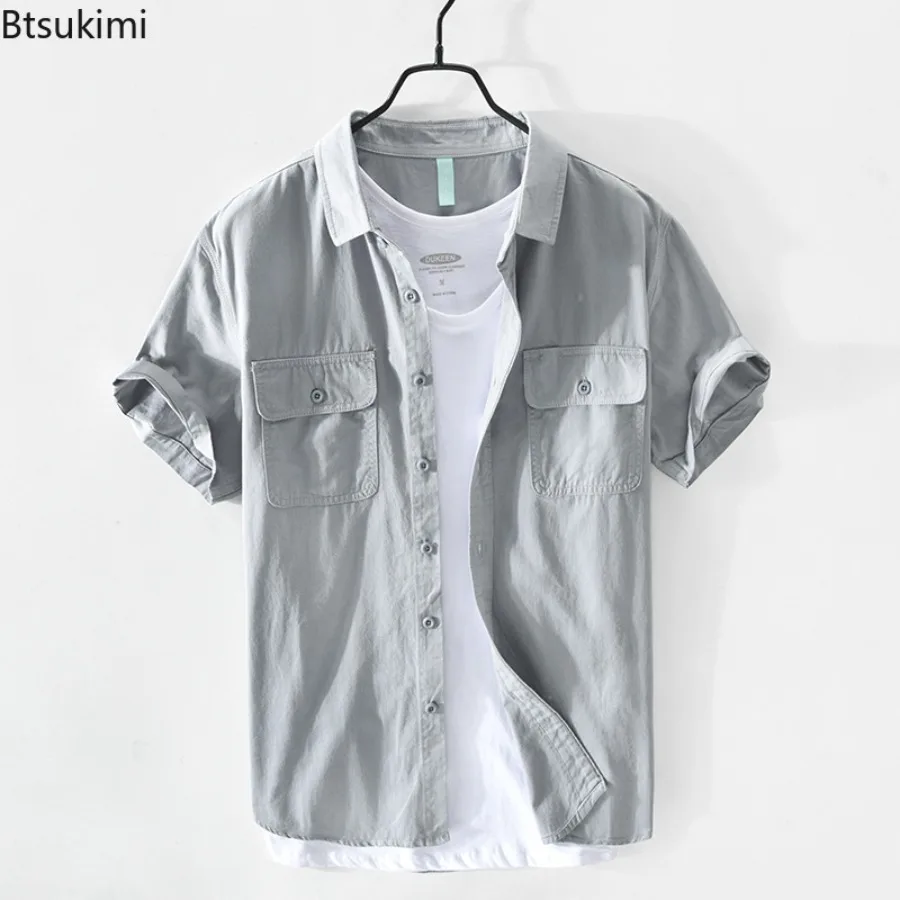 Summer Casual Short Sleeve Shirts for Men 2025 Fashion Simple Lapel Cardigan Double Pocket Design Men Cotton Vintage Shirt Coats