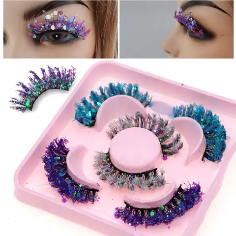 3 Pair Halloween Style Dreamy Sequins Glitter False Eyelashes Whole Strip Fluffy DIY Lashes Cosplay Stage Eye Makeup